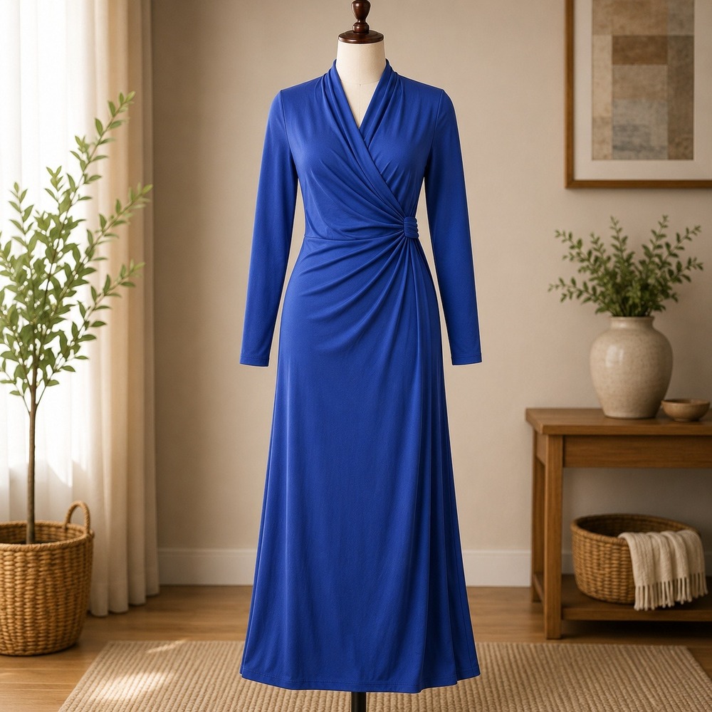 NWT Attitudes by Renee Maxi Dress Womens Large Blue Long Sleeve Faux Wrap Ruched